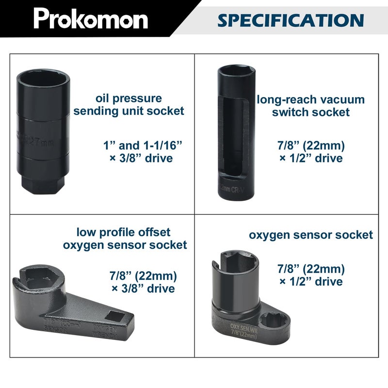Prokomon 10pcs Oxygen Sensor Socket Set, O2 Sensor Removal Kit, Oil Pressure Sensor Socket Wrench Set 1/2" 3/8" Drives, Oxygen Thermal Oil Pressure Sensor Removers - Image 4
